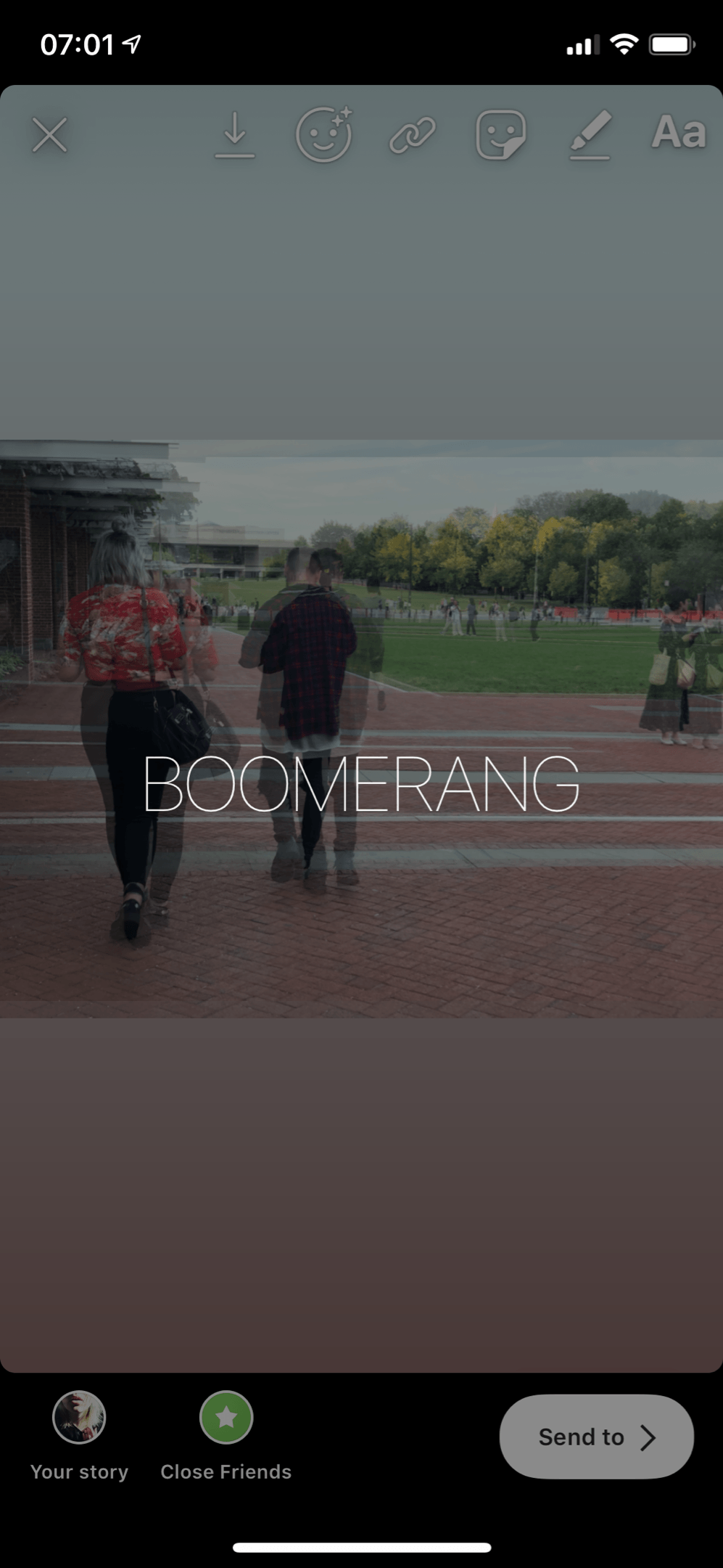 Press and hold the image for approximately 2 seconds until ‘BOOMERANG’ appears on the screen.