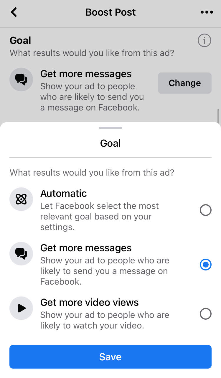 Add a goal when boosting a post through Facebook business pages