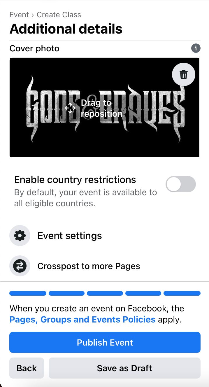 Change the cover image, dive into event settings and crosspost to more Facebook pages you manage