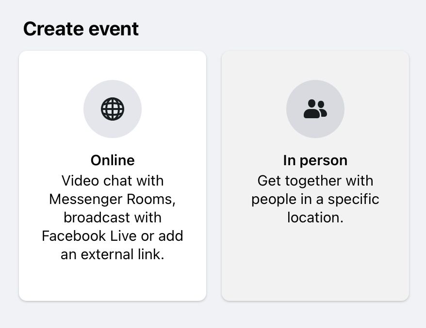 The first step in Facebook event creation is to select ‘In person’ from the two Facebook event creation options