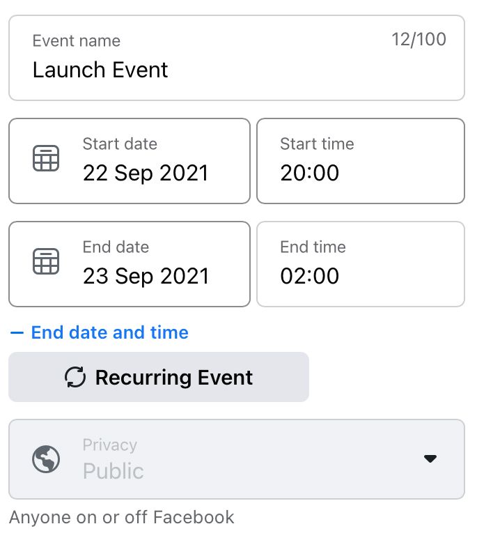 Fill in the event name, date and time details and whether the Facebook event is recurring