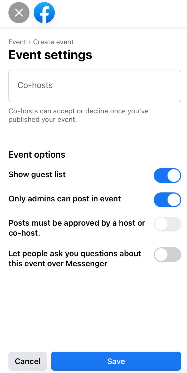 In the ‘Event settings’ you can add co-hosts to your Facebook event and toggle various posting options