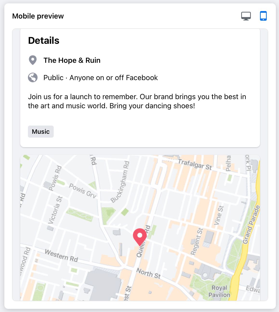 Check how your in-person Facebook event will look on desktop and mobile screens to other users