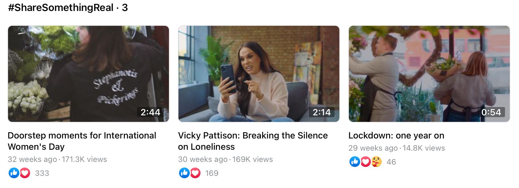 Facebook video playlist for the hashtag ‘#ShareSomethingReal’ by @InterfloraUK
