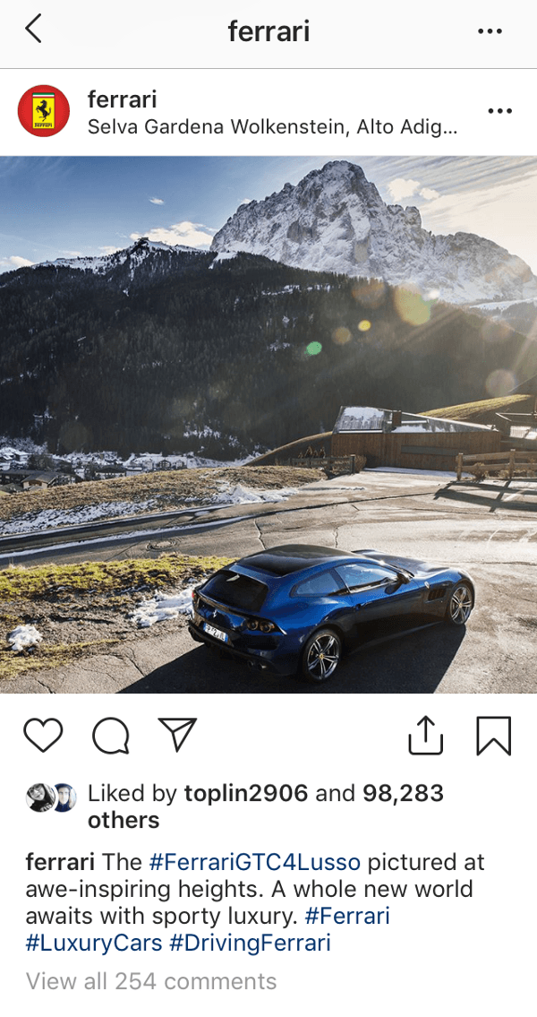 @ferrari have used a location tag which is highly relevant to their Italian design. Their hashtag use combines specific and broader terms to increase their discoverability.